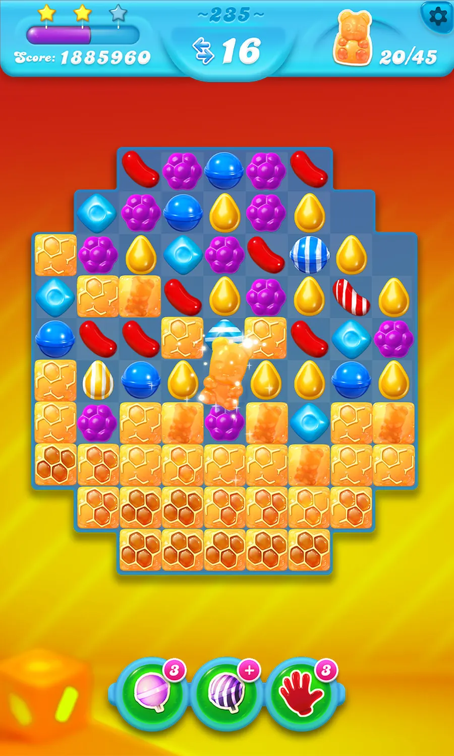 Candy Crush Soda Saga board with candies and soda bottles