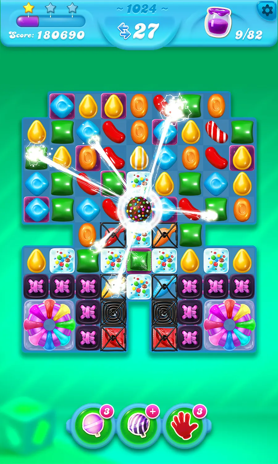 Soda mode board with bottles rising through the candies